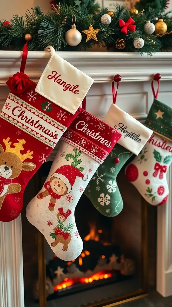 Colorful personalized Christmas stockings hanging by a fireplace