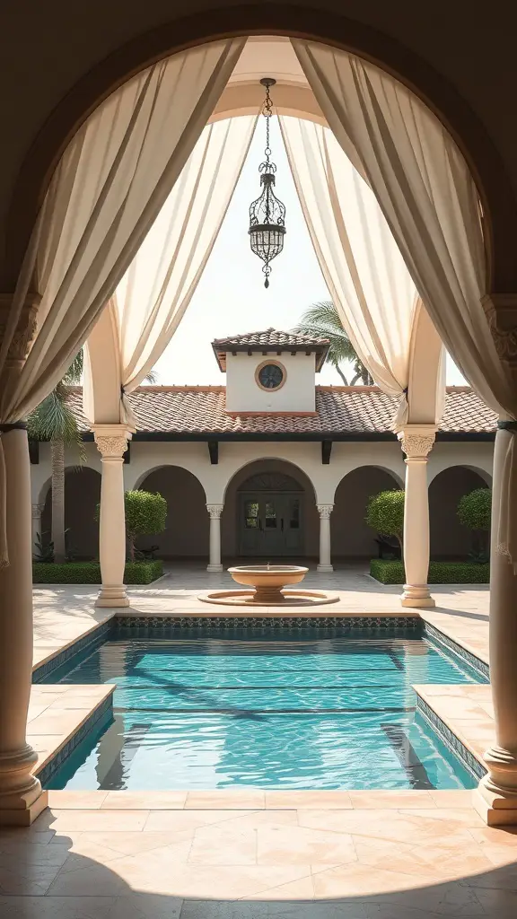 23+ Stunning Spanish Style Pool Designs to Inspire Your Backyard Oasis 8 A beautiful arched gazebo by a pool, featuring soft curtains and a fountain, surrounded by greenery.