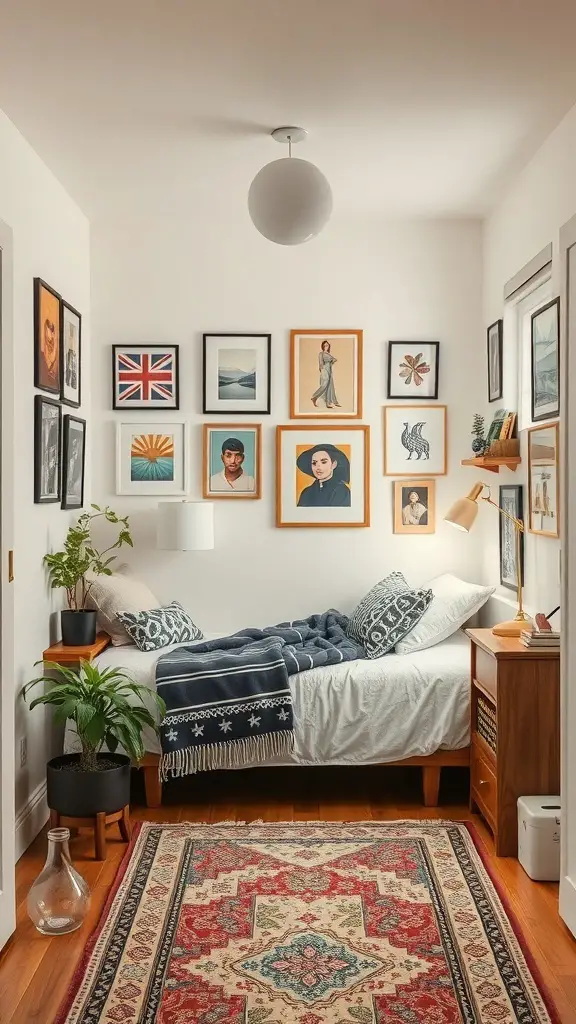27+ Creative Tiny Bedroom Ideas for Maximum Style and Functionality 16 A cozy tiny bedroom with a gallery wall of framed art, a bed with decorative pillows, a patterned rug, and plants.