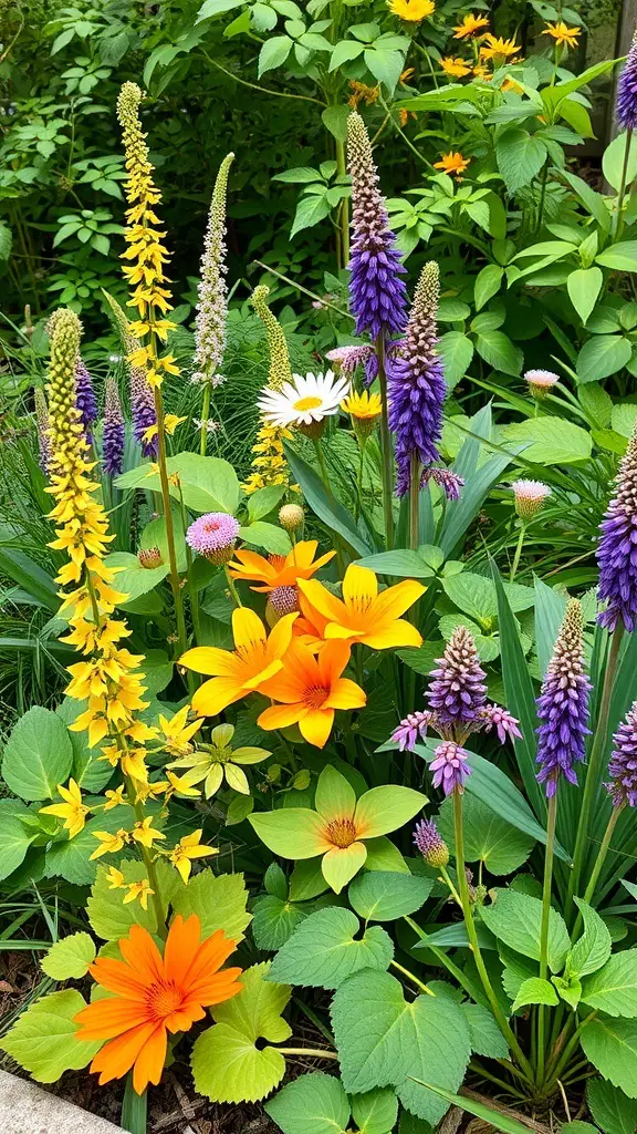 A colorful display of native flowers in a woodland garden, featuring purple, yellow, and orange blooms surrounded by lush green foliage.