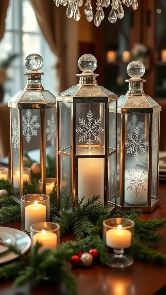 Frosted glass lanterns with snowflake designs on a table surrounded by candles and greenery.