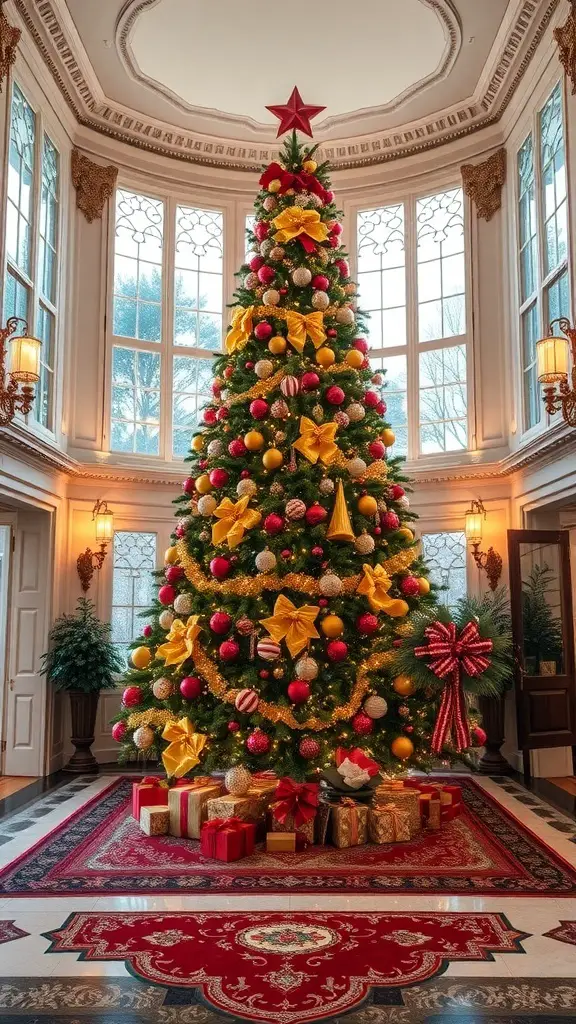 A grand Christmas tree decorated with red, gold, and pink ornaments in an elegant entryway.