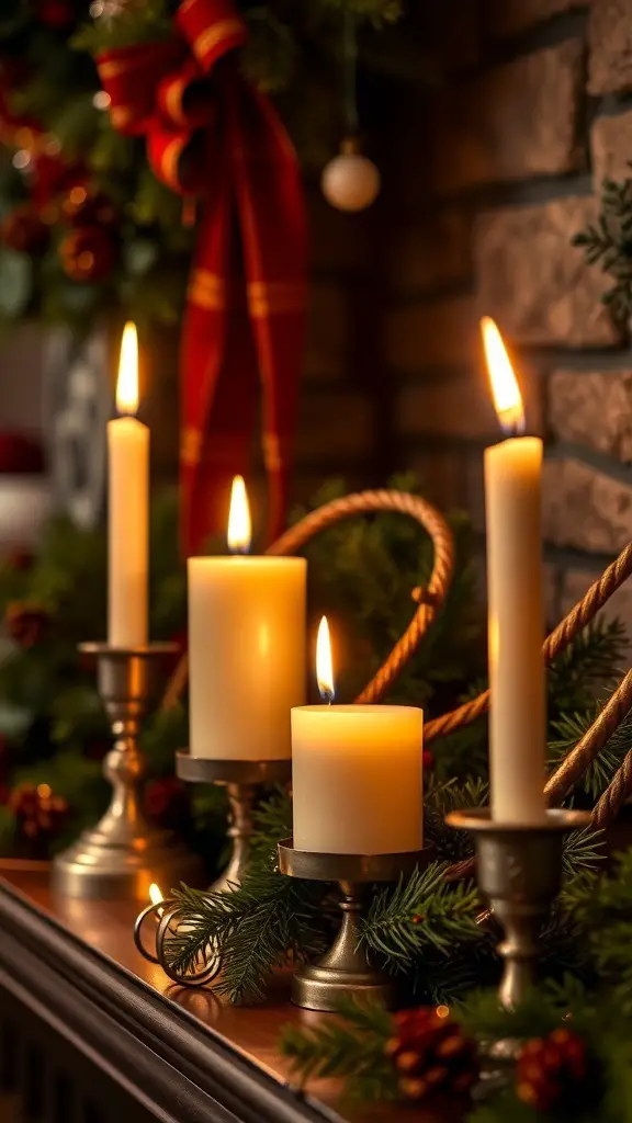 Three festive candles in decorative holders on a fireplace mantel, surrounded by greenery and holiday decorations.