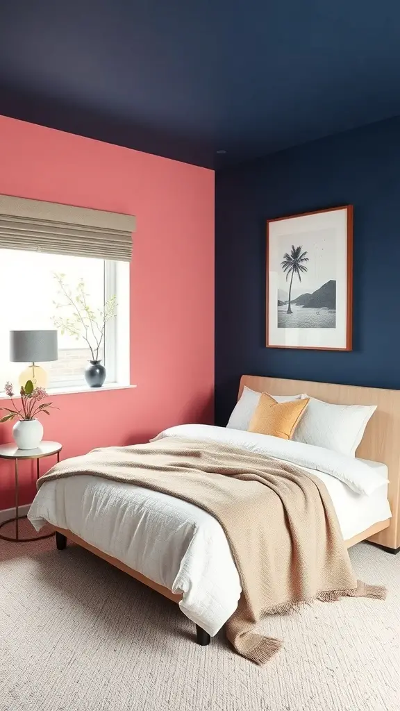 27+ Inspiring Small Bedroom Arrangement Ideas for Maximizing Space 13 A small bedroom with navy blue and pink accent walls, featuring a bed with a beige blanket and decorative elements.