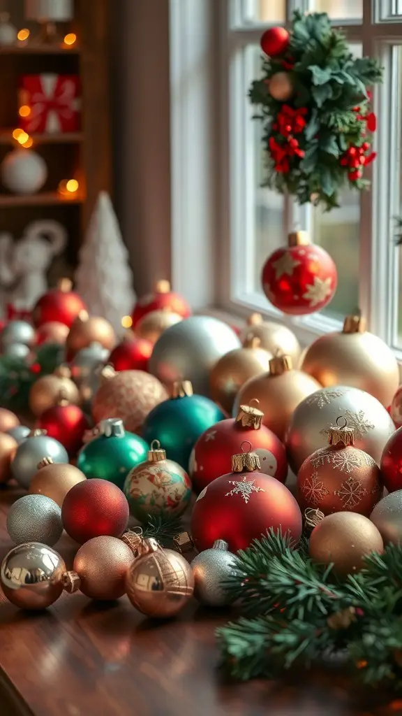 A collection of vintage Christmas ornaments in various colors and designs, surrounded by greenery.