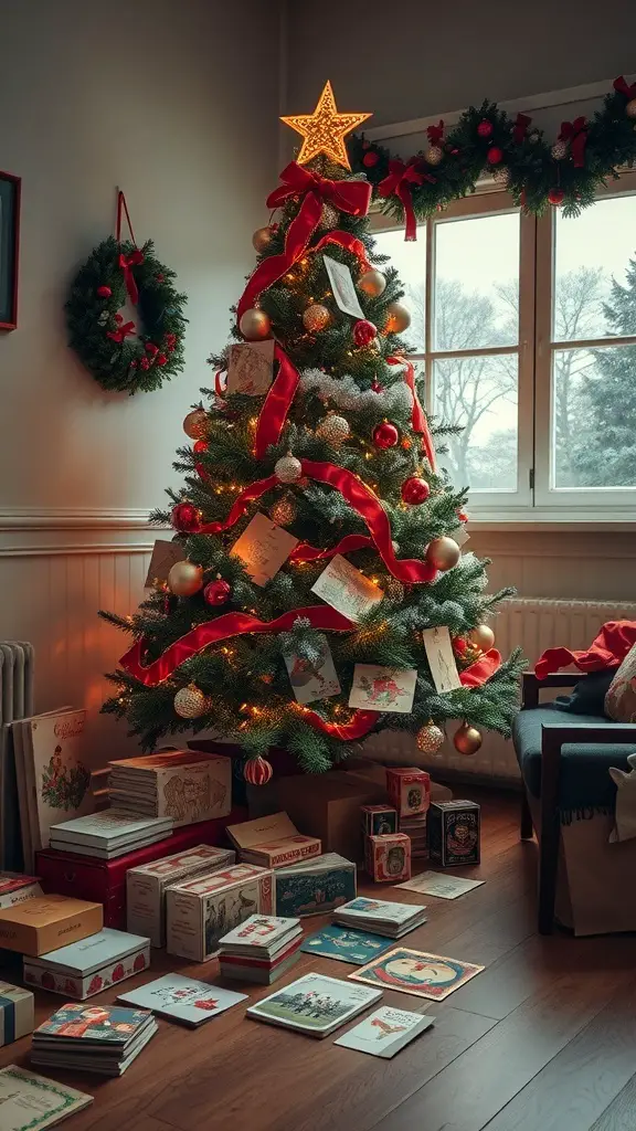 A decorated Christmas tree with retro holiday greeting cards around it.