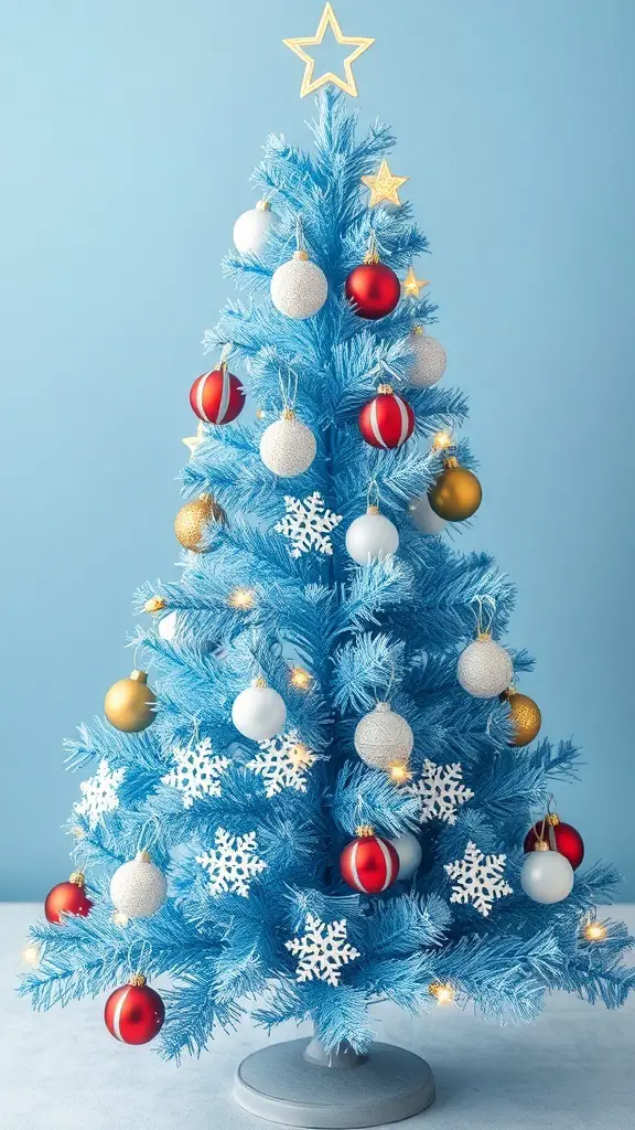 A whimsical blue Christmas tree decorated with colorful ornaments and lights.