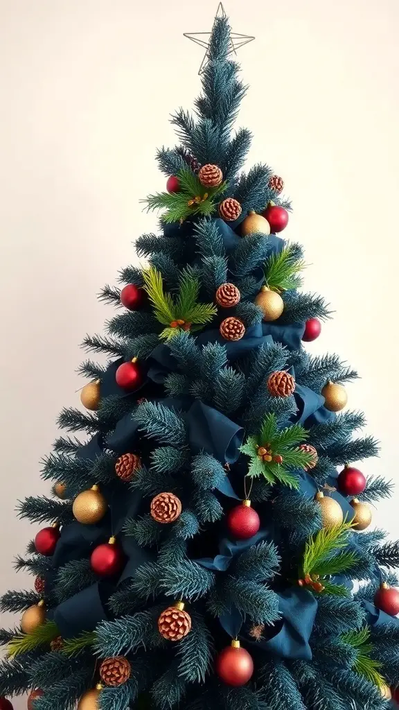 A beautifully decorated navy blue Christmas tree with pinecones, red and gold ornaments, and green foliage.