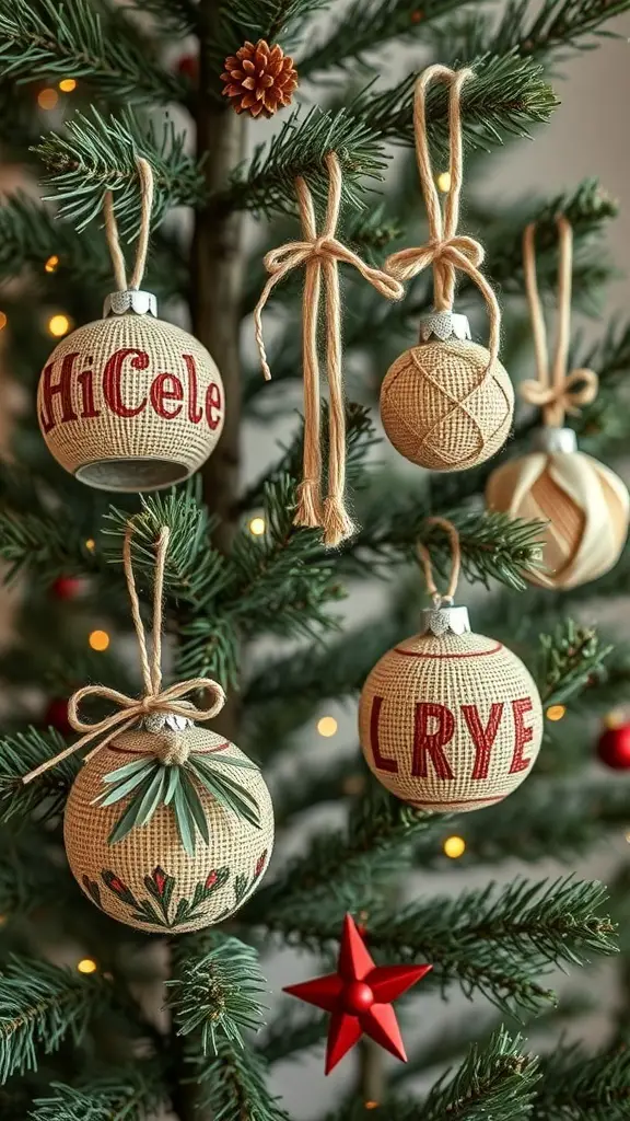 A collection of handmade ornaments on a Christmas tree, featuring various designs and natural materials.