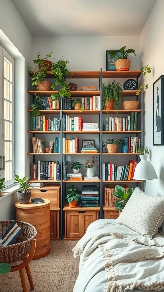 35+ Cozy Tiny Bedroom Ideas for Couples: Maximize Your Space Together 6 A cozy tiny bedroom with a tall shelving unit filled with books and plants.