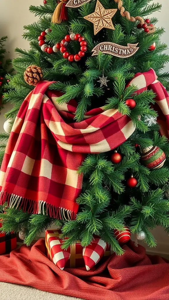 A rustic Christmas tree decorated with flannel and foliage, featuring red and cream check patterns, ornaments, and wrapped gifts.