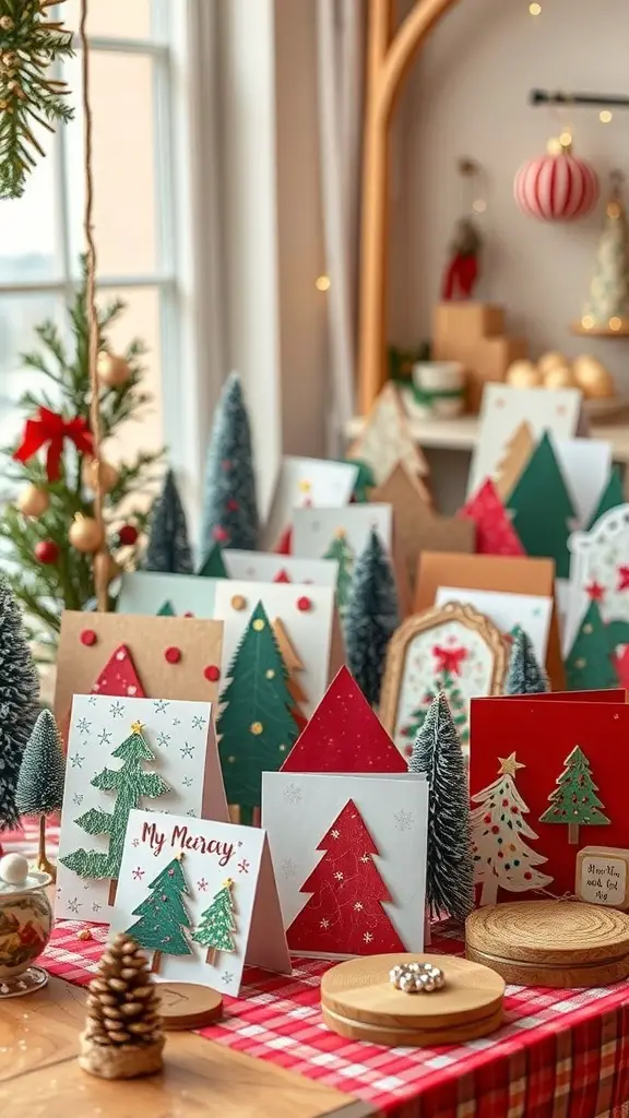 A collection of colorful upcycled Christmas cards displayed on a table, featuring various festive designs.