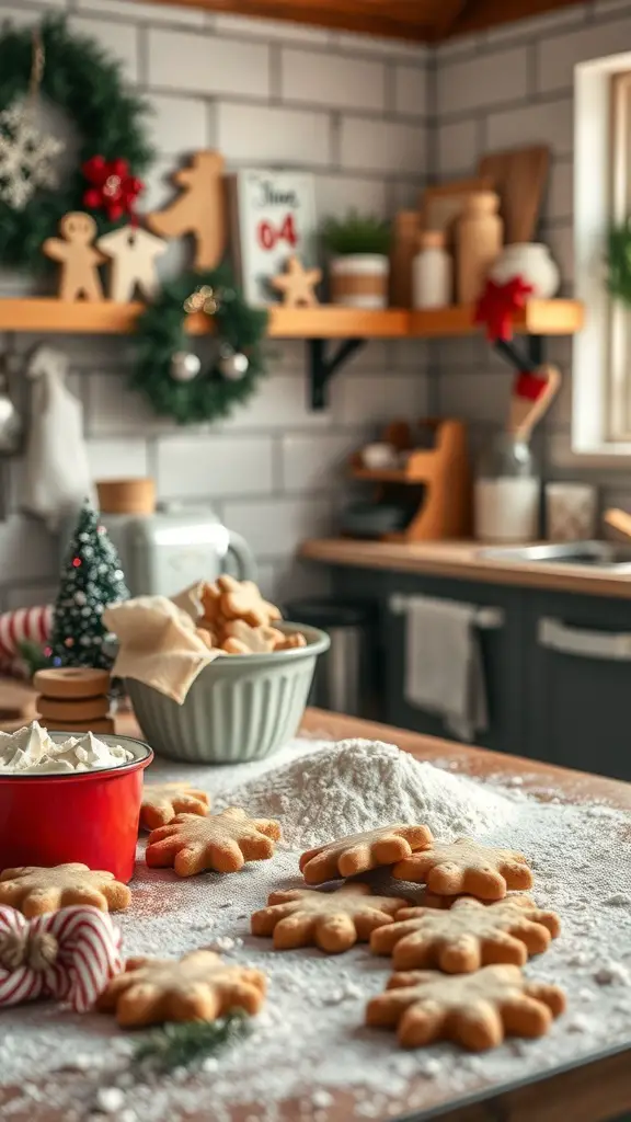 A cozy kitchen scene with holiday decorations and freshly baked cookies on the countertop.