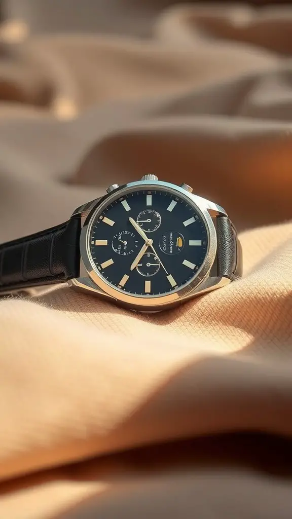 A stylish black watch with a leather strap resting on a soft fabric background.