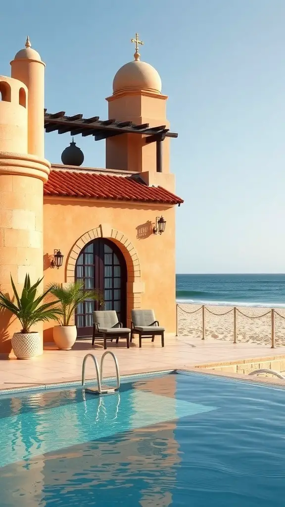 25+ Stunning Spanish Beach House Designs You’ll Love 15 A beautiful Spanish beach house with a pool, featuring traditional architectural elements and a view of the ocean.
