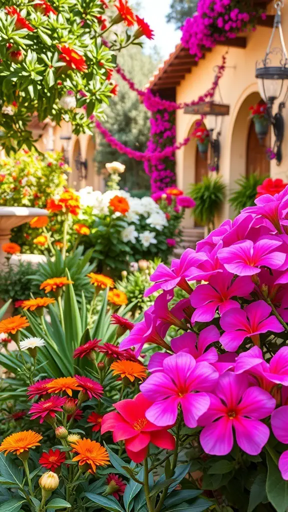 25+ Stunning Spanish Garden Hacienda Style Ideas to Transform Your Outdoor Space 8 A colorful garden featuring pink, orange, and white flowers typical of hacienda style.