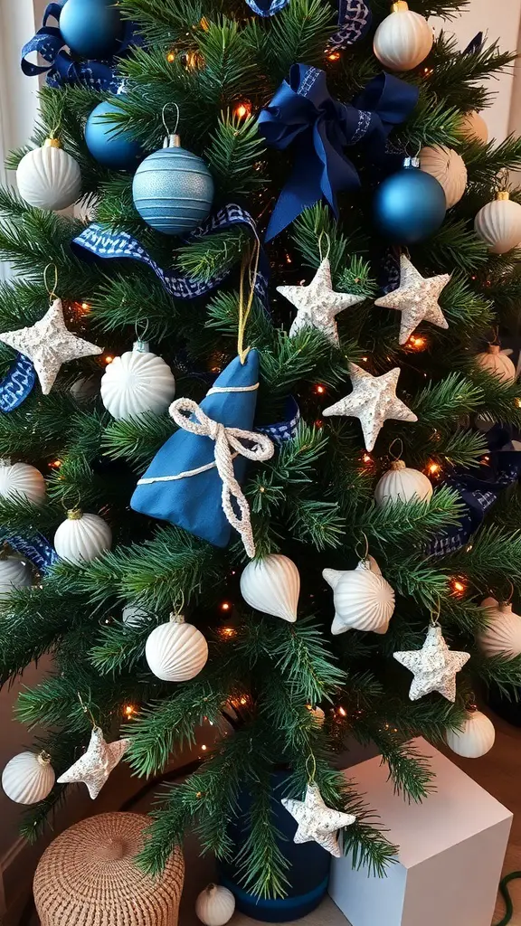 A navy blue themed Christmas tree decorated with blue and white ornaments, starfish, and ribbons.