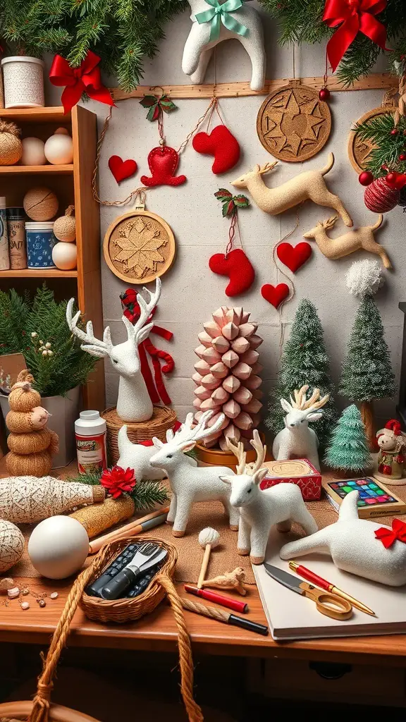 A festive workspace filled with anthro-inspired Christmas decorations, including reindeer figurines, ornaments, and greenery.