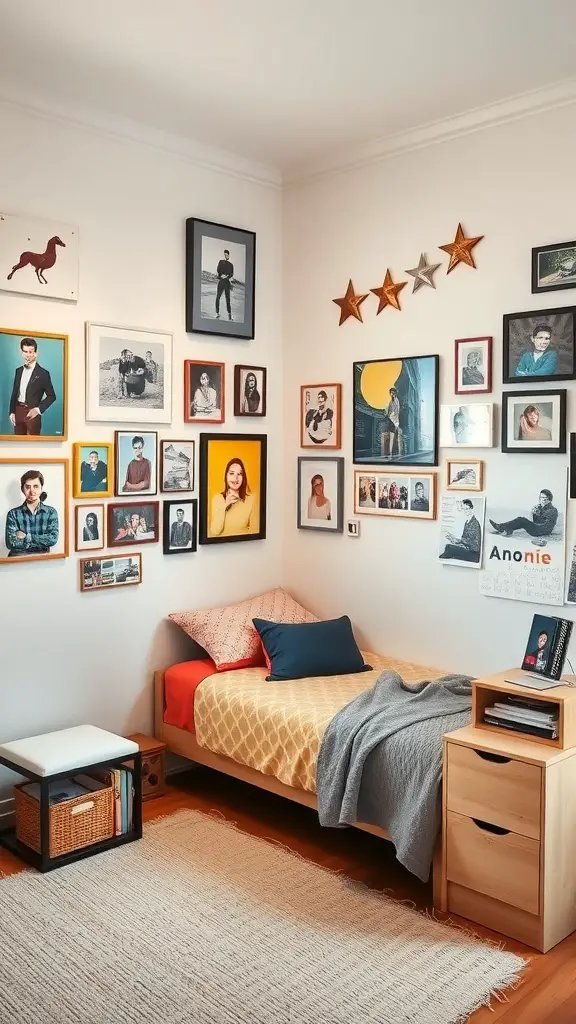 A small bedroom with a bed, framed photographs on the wall, and decorative stars.