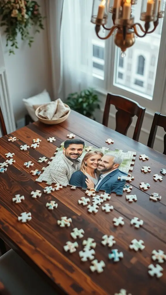 A customized puzzle with a couple's photo on a wooden table, surrounded by scattered puzzle pieces.