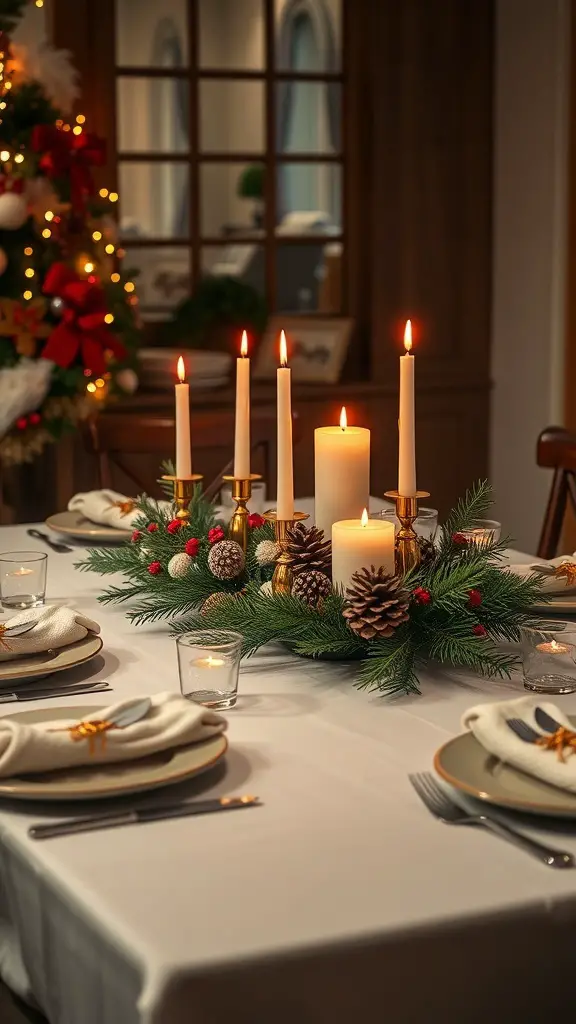 A beautifully arranged festive table centerpiece with candles, pinecones, and greenery.