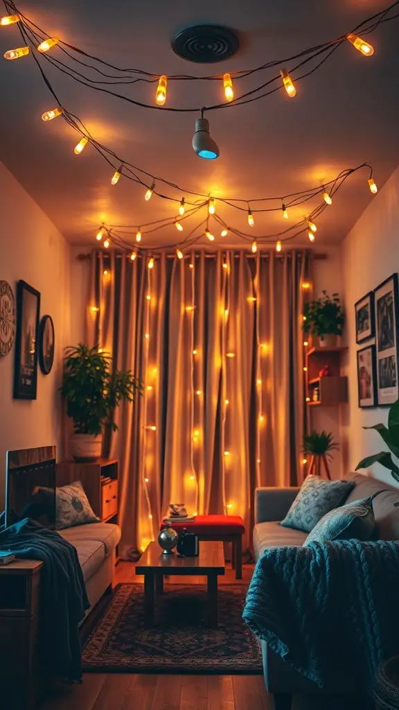 A small living room decorated with string lights overhead, creating a warm and cozy atmosphere.