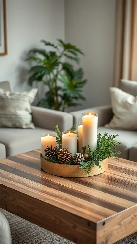 A cozy coffee table centerpiece featuring candles, pinecones, and greenery.