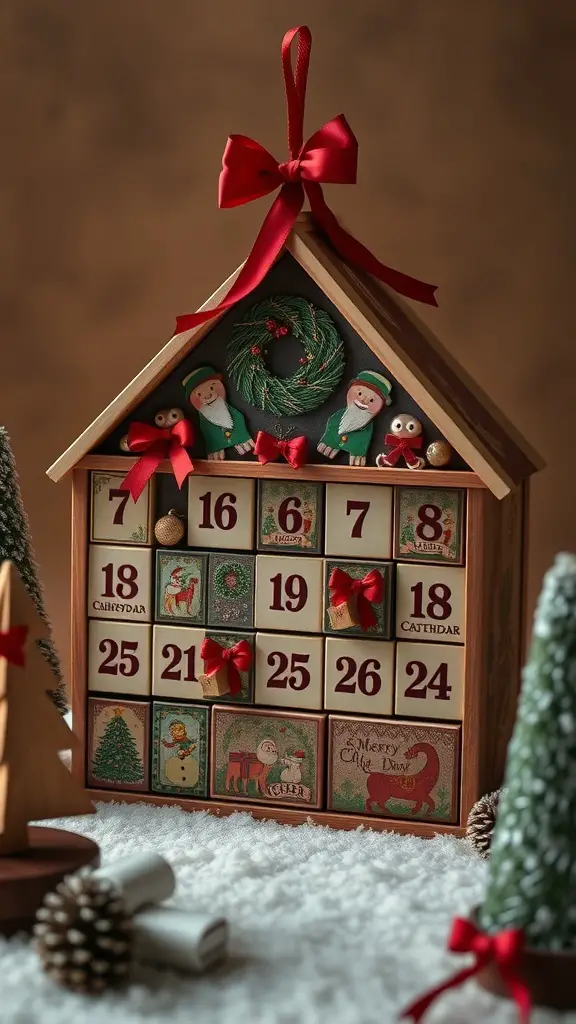 A decorative wooden advent calendar shaped like a house, featuring elves, a wreath, and numbered doors.