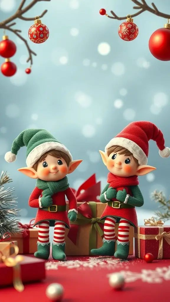 25+ Adorable Christmas Bookmarks You'll Love 12 Two cheerful elves in festive attire surrounded by Christmas decorations and gifts.