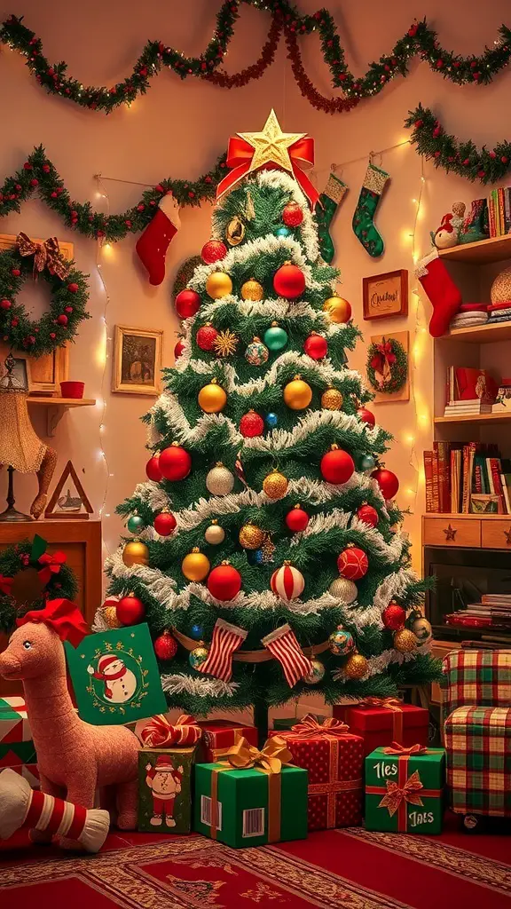A nostalgic 70s Christmas tree decorated with colorful ornaments and surrounded by presents.