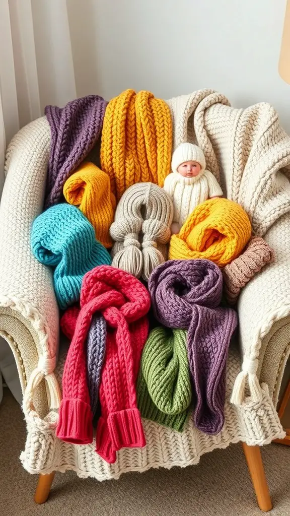 Colorful knitted scarves and a hat arranged on a chair