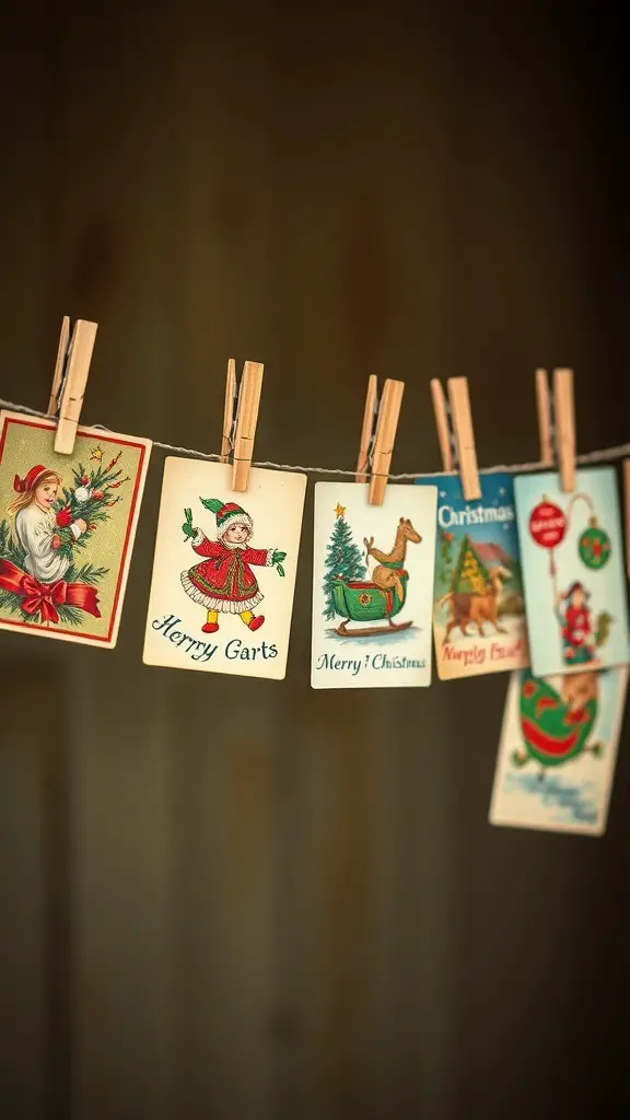 A string of vintage Christmas cards hanging with clothespins, featuring festive illustrations.