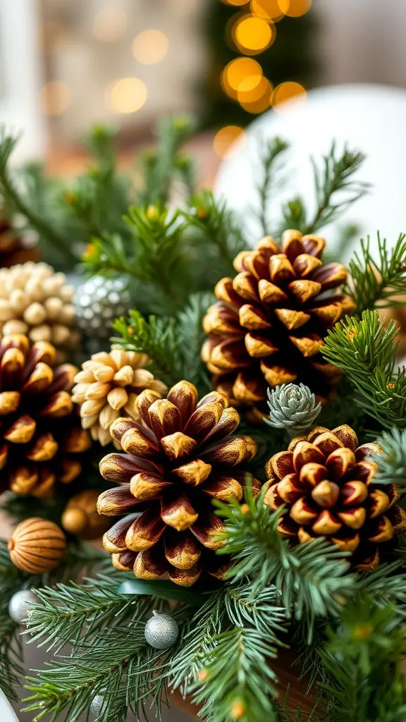 A close-up of gilded pinecone decorations surrounded by greenery and ornaments.