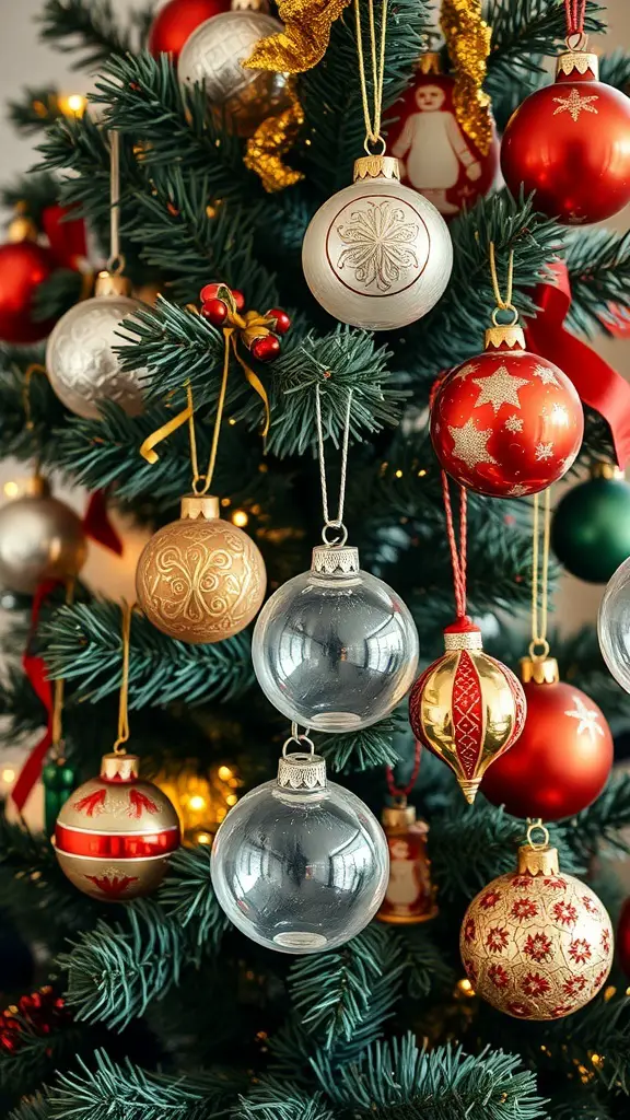 A close-up view of a Christmas tree adorned with vintage glass ornaments in various colors and designs.