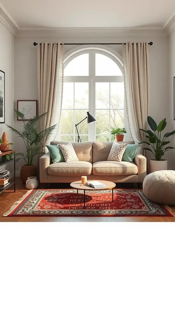 29+ Stylish Living Room Area Rug Ideas to Transform Your Space 15 A cozy living room featuring a red area rug with an inspirational quote, surrounded by plants and soft furniture.