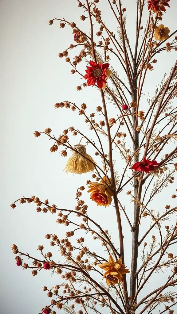 A decorative arrangement of dried flowers and foliage on a bare tree structure.