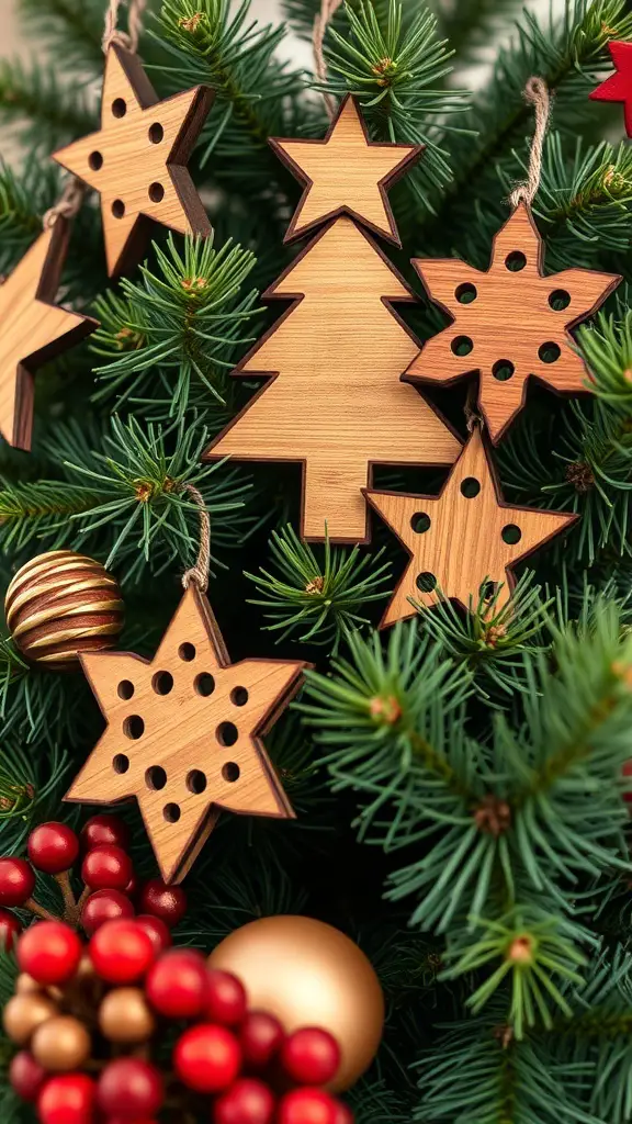 A close-up of a Christmas tree adorned with handcrafted wooden ornaments and red berries.