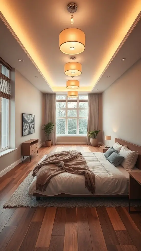 27+ Creative Long and Narrow Bedroom Ideas for Maximizing Space 9 A long and narrow bedroom featuring stylish ceiling lights, large windows, and warm tones.