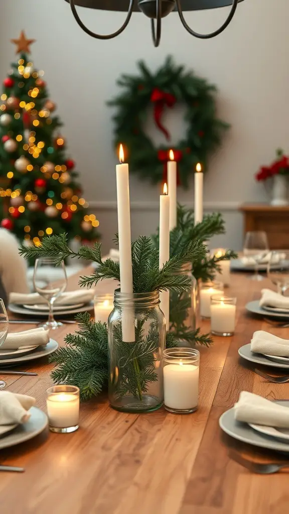 Mason jar centerpieces with candles and greenery on a dining table