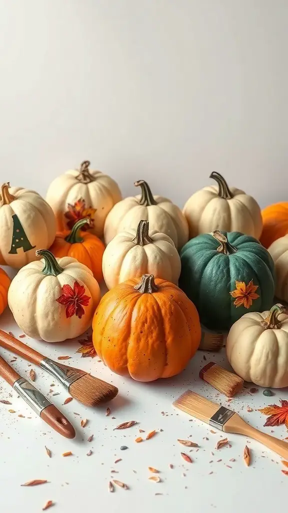 A collection of painted gourds in various colors with paintbrushes and shavings around them.