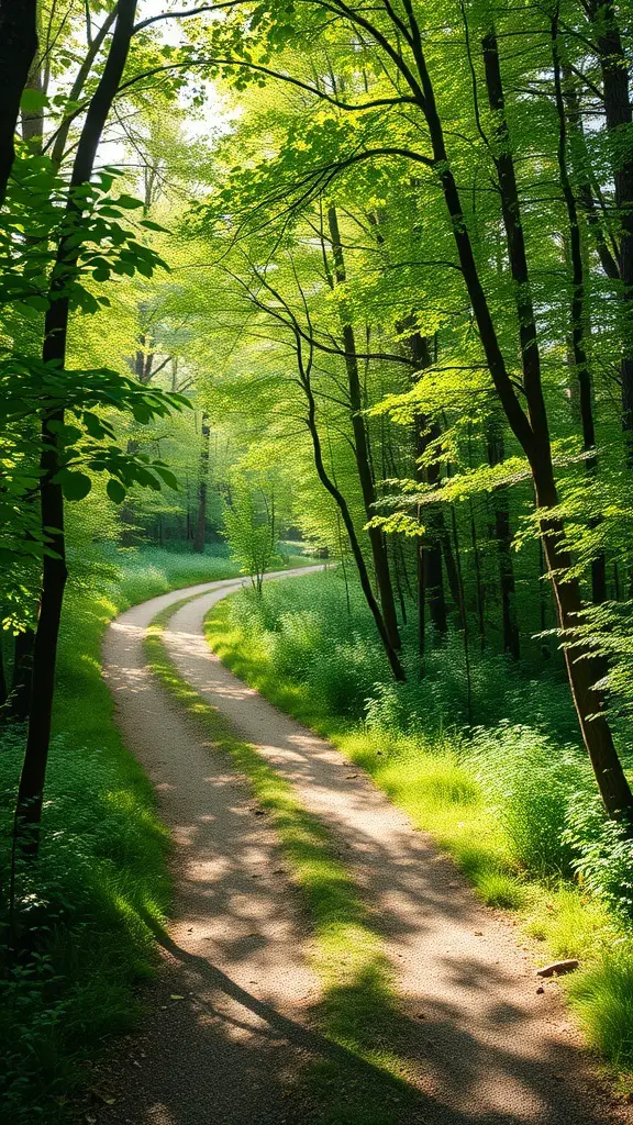 A winding path through a lush green forest with sunlight filtering through the leaves.