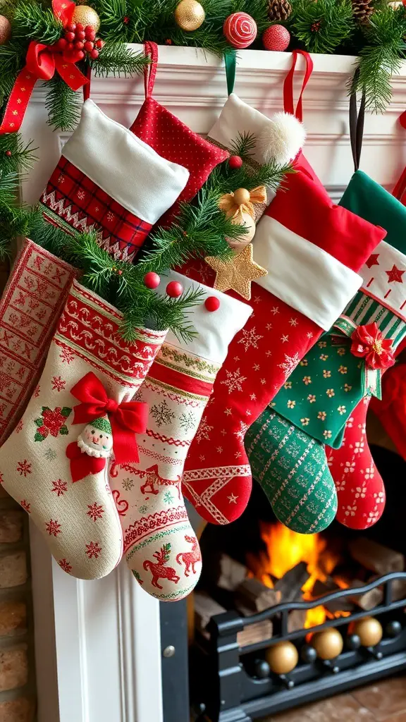 33+ Must-Try Christmas Sewing Patterns for Festive Fun 4 Colorful Christmas stockings hanging by a fireplace decorated with festive ornaments.