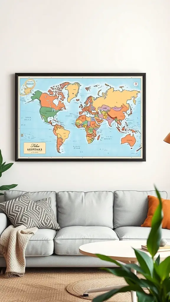 A colorful personalized travel map framed on a wall, surrounded by a cozy living room setting.
