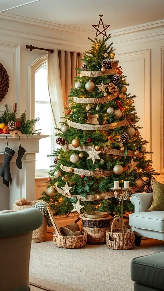 A rustic French country Christmas tree decorated with burlap ribbons, wooden stars, and soft lighting.