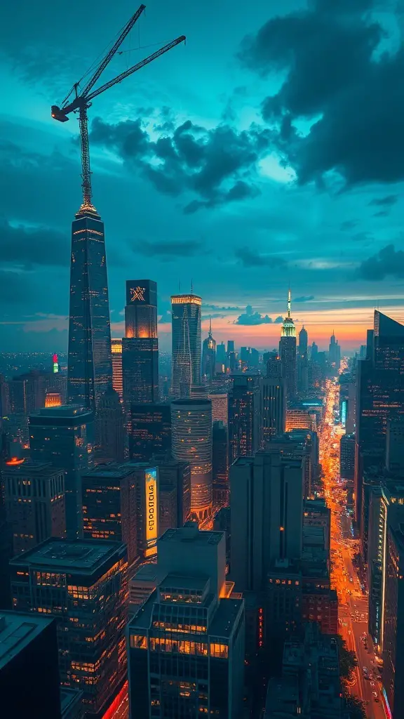 29+ Stunning Landscape Paintings You Need to See 11 A vibrant urban skyline at dusk with illuminated skyscrapers and a construction crane.