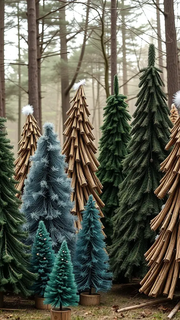 A variety of Christmas trees in different shapes and colors, set in a woodsy environment.
