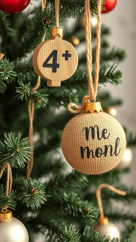 A Christmas tree decorated with rustic ornaments, including a round ornament with 'me mon' and another with '4+'.