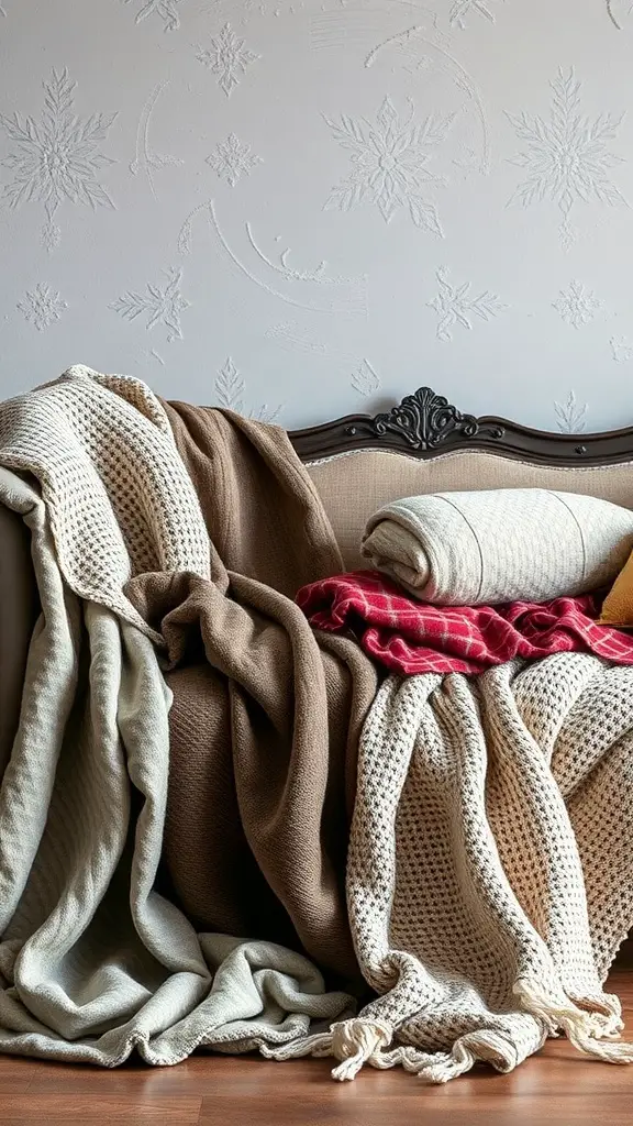 A cozy couch with various textured throws in earthy tones, perfect for boho Halloween decor.