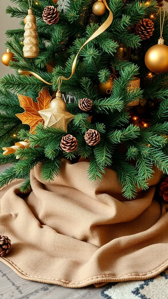 A rustic brown tree skirt under a decorated Christmas tree with golden ornaments and pinecones.