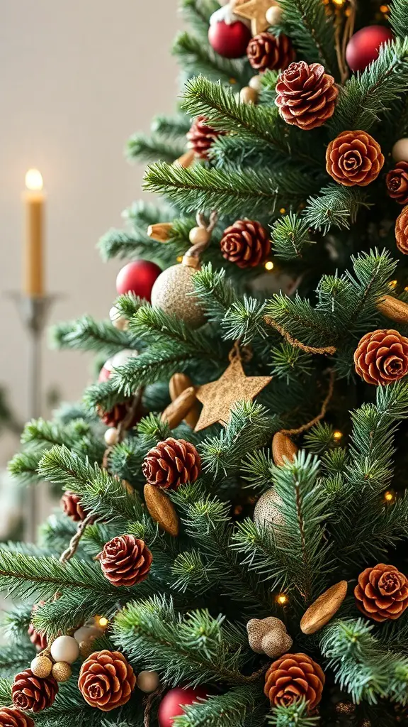 A close-up of a Christmas tree decorated with pinecones, ornaments, and branches.
